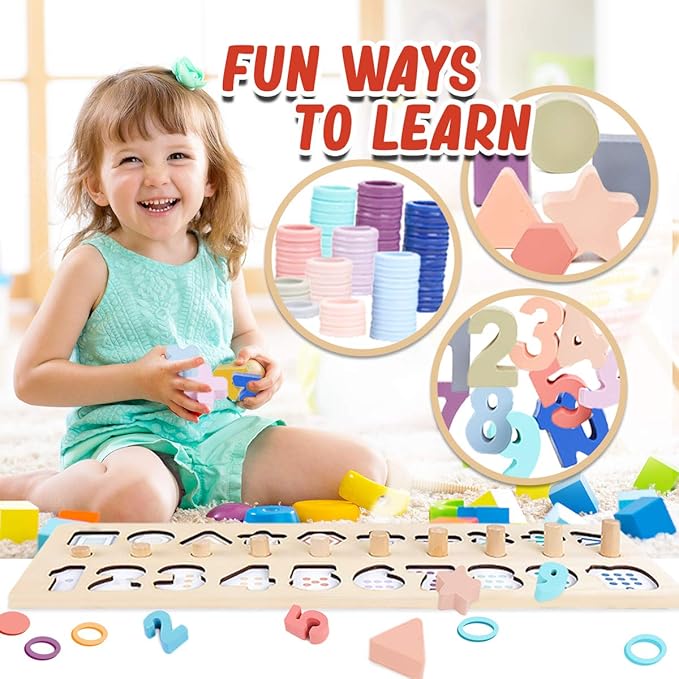 CozyBomB Montessori Educational Wooden Shape & Number Puzzle Blocks - Preschool Learning Toys for Boy & Girl (Macaron)