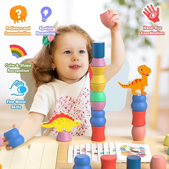 Montessori Dinosaur Toys for 1 2 3 4 Year Old Toddlers, Preschool Education Toys for Ages 2-4 Boys Girls Kids, Wooden Dinosaur Blocks Sorting & Stacking & Balance Toys, Educational Birthday Gift
