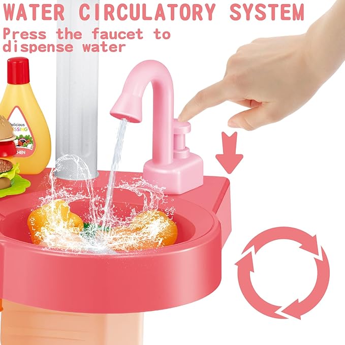 Kids Play Kitchen Toy Playset,Pink Kitchen Toy Set with Play Sink & Pretend Steam, Toddler Kitchen Accessories Set with Sounds & Light, Birthday for Boy Girl 3 4 5 7 8 Year Old