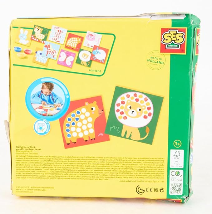 SES Creative: My First Fingerprint Paint Art - Craft Set, 10 Animal Coloring Sheets, Yellow-Red-Blue Non-Toxic Paint, Toy, Baby-Toddler-Kids Ages 1+