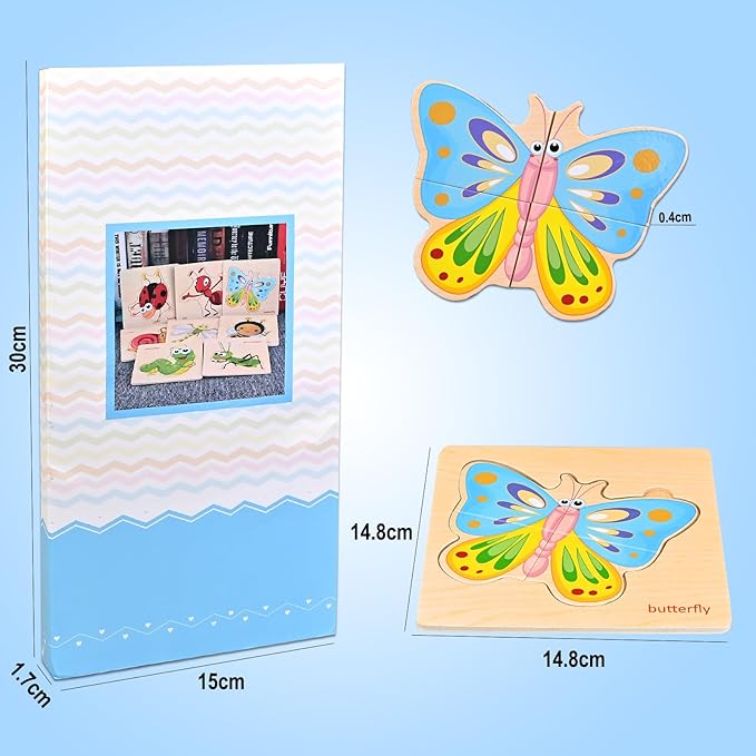 Wooden Puzzles for Toddlers 1-3, 8pcs Shapes, Insect Animal Themed Montessori Toys for 1 Year Old Learning, Educational Preschool Toys for Boys Girls