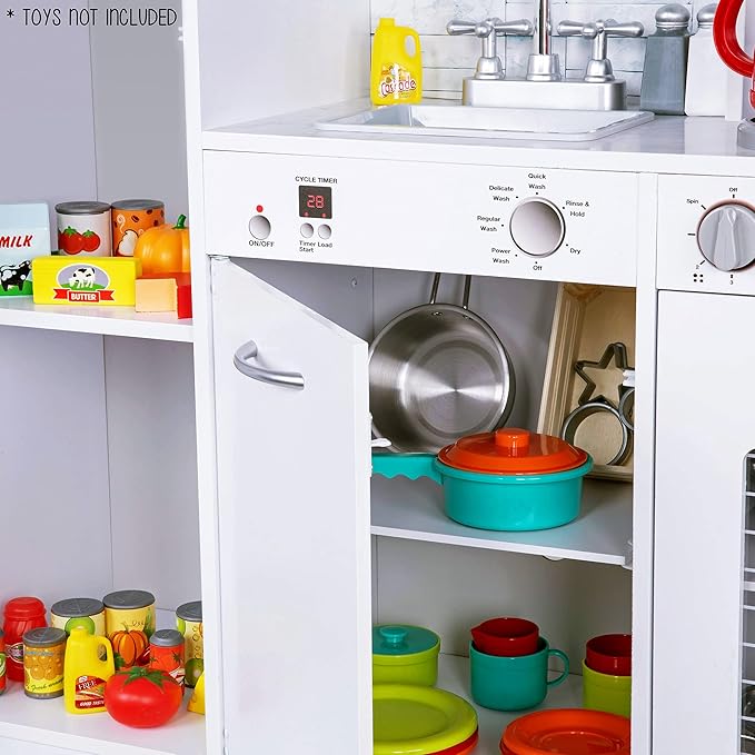 Lil' Jumbl Kids Kitchen Set, Pretend Wooden Play Kitchen, Battery Operated Icemaker & Microwave with Realistic Sound, Pots & Pan Included - White