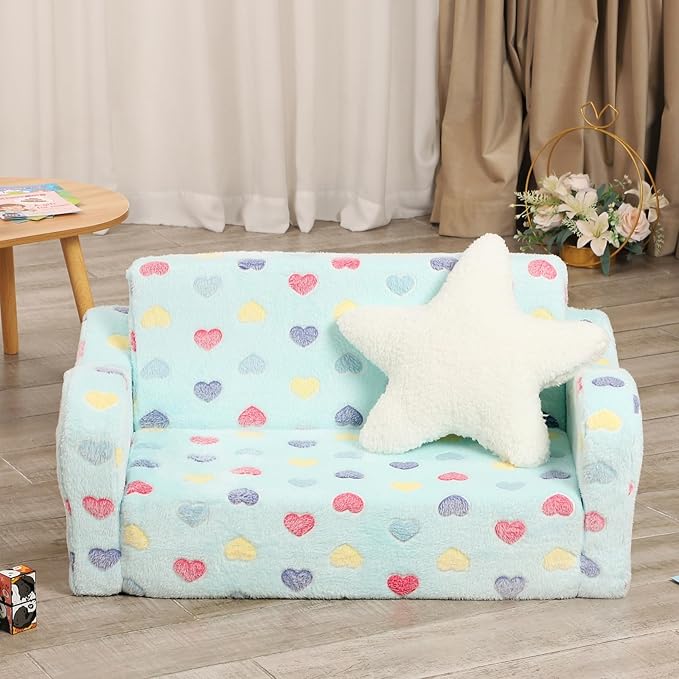 Extra Wider Seating Toddler Couch, 2-in-1 Toddler Soft Couch Fold Out with Star Pillow, Convertible Sofa to Lounger for Girls and Boys