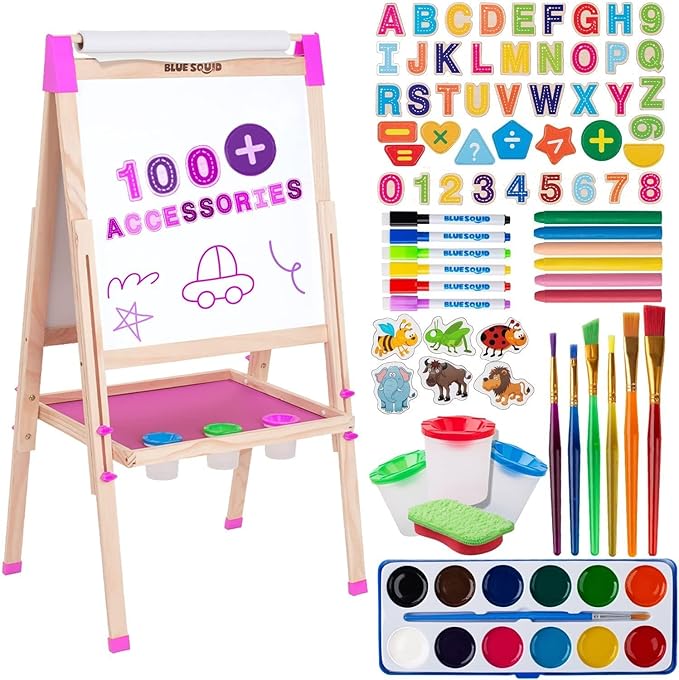 Blue Squid Art Easel for Kids Including 100+ Accessories - Double Sided Adjustable Wooden Painting Easel with Magnetic Chalk Board, White Board and Paper Roll (Multicolor, Premium)