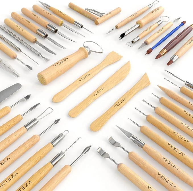 ARTEZA Pottery & Sculpting Tools, 42-Piece Clay Tools Set with Wooden Handles & Steel Tips for Polymer Clay, Ceramics, Carving, Modeling, Shaping & Smoothing