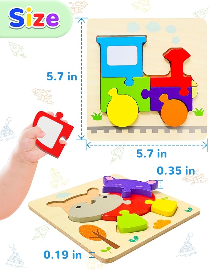 Yetonamr Wooden Toddler Puzzles Gifts Toys for 1 2 3 Years Old Boys Girls, 12 Vehicle Shape Montessori Toys Educational Blocks Kids Toys Gift Baby Learning Toy Age 1-3, 2-4