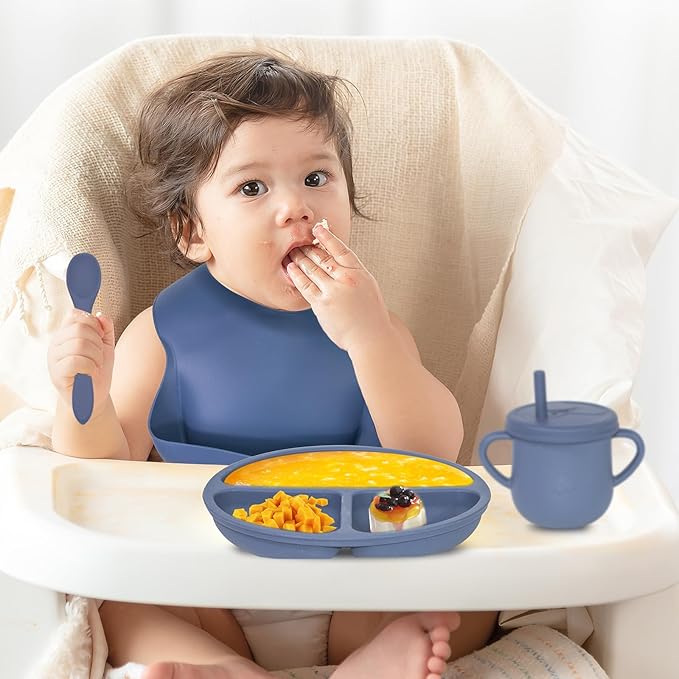 100% Silicone Baby Feeding Set,BPA Free Baby Dishes Set with Suction Bowl Divided Plate,Toddler Self Feeding Dish Set with Spoons Forks Sippy Cup and Bib, Baby Eating Utensils (Navy Blue)