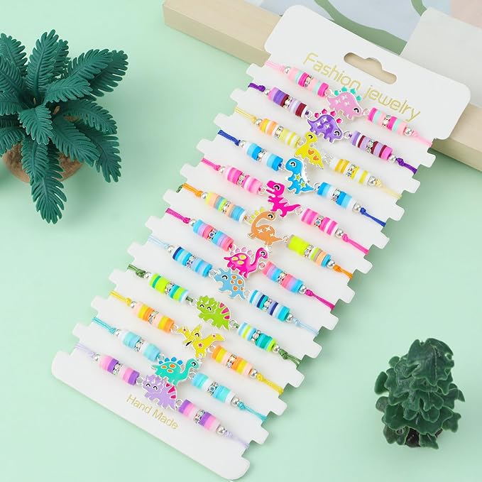 12 Pcs Kids Bracelet for Girls Toddler Jewelry Dinosaur Party Favors Supplies Friendship Bracelets Adjustable Pretend Play Boy Princess Dino Goodie Bag Classroom Reward