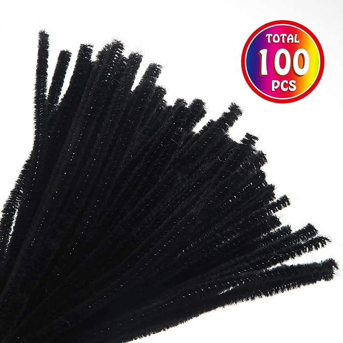 TOAOB 100pcs Pipe Cleaners Bulk Craft Supplies Black Chenille Stems 6mm x 12 Inch Fuzzy Pipe Cleaners for DIY Art Crafts Decorations