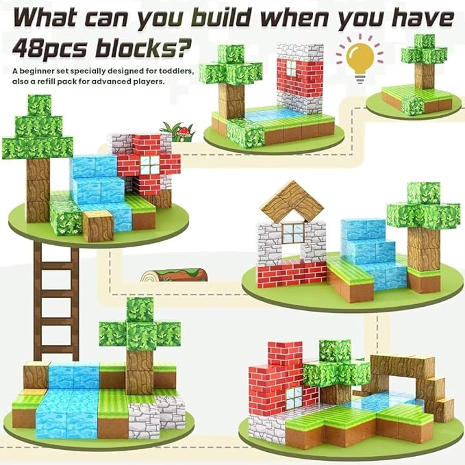 Magnetic Blocks-Build Mine Magnet World Edition, Magnetic Toys for Boys & Girls Age 3-4 4-5 6-8,STEM Montessori Sensory Toys for Toddlers Gifts for 3+ Years Old,48PCS Fidget 1" Cubes Construction Toys