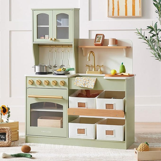 Tiny Land Play Kitchen for Kids, Wooden Play Kitchen with Toy Storage System, Toy Kitchen Set with Plenty of Play Features, Kids Play Kitchen Designed, Gift for Ages 3+ (Green)