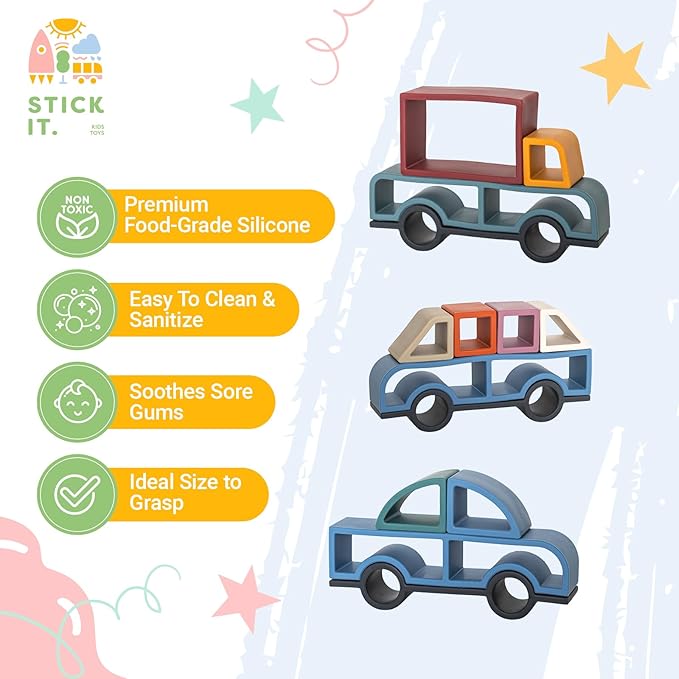 Stick It Montessori Food Grade Silicone Stacking Vehicles, 14 Pcs Toddler Baby Building Blocks Teether Educational Open Ended Shapes STEM Toy, 18+ Months (Set of 3 (Truck, Van, Car))