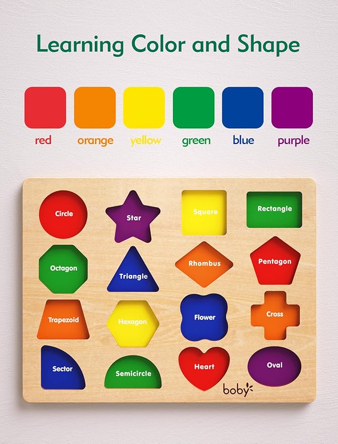 Boby Montessori Puzzles for Babies 8-12-18-24 Months, Wooden Jumbo Knob Peg Puzzle Shape Sorter for Toddlers 1-3 Year Old, Early Learning Sensorial Toys (Montessori Shapes Puzzle(16 Pieces))