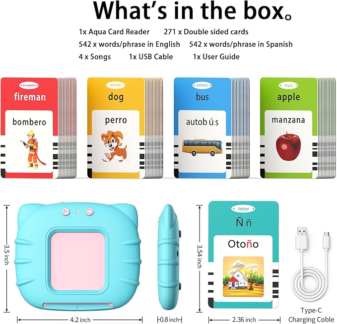 Kidzdo Spanish and English Audible Toys, Bilingual Español/English Talking Flash Cards with Music for Preschool,Kindergarten Toddler 2 3 4 5 6 to Learn Spanish English