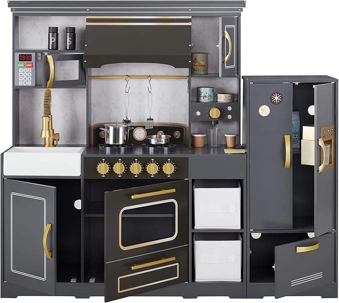 Teamson Kids Little Chef Colonie Play Kitchen Set with Ice Dispenser and Accessories, Gray