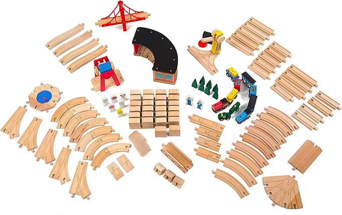 Melissa & Doug Wooden Railway Set, 130 Pieces - Wooden Train Set for Toddlers Ages 3+