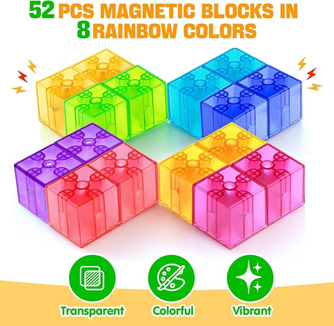 Magnetic Blocks - 52pcs Translucent Magnetic Cubes, Digit Building Blocks Magnet Toys for Kids, Rainbow STEM Creativity Toys 3+ Year Old Boys & Girls Toddlers Kids Christmas Birthday Gifts