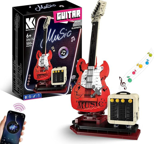 Guitar Music Interactive Building Set for Music Lovers, DIY Guitar Model Toy Compatible with Lego,Reverb Amplifier & Authentic Accessories, Perfect Way to Rock Gift Giving.
