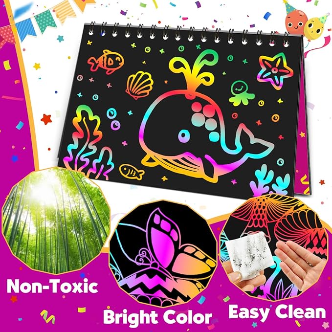 pigipigi Party Favor Toy for Kids: 24 Pack Rainbow Art Scratch Notebook, Colorful Craft Scribble Paper Magic Black Drawing Pad kit, Activity Gift Set for Girl Boy Children Birthday Christmas