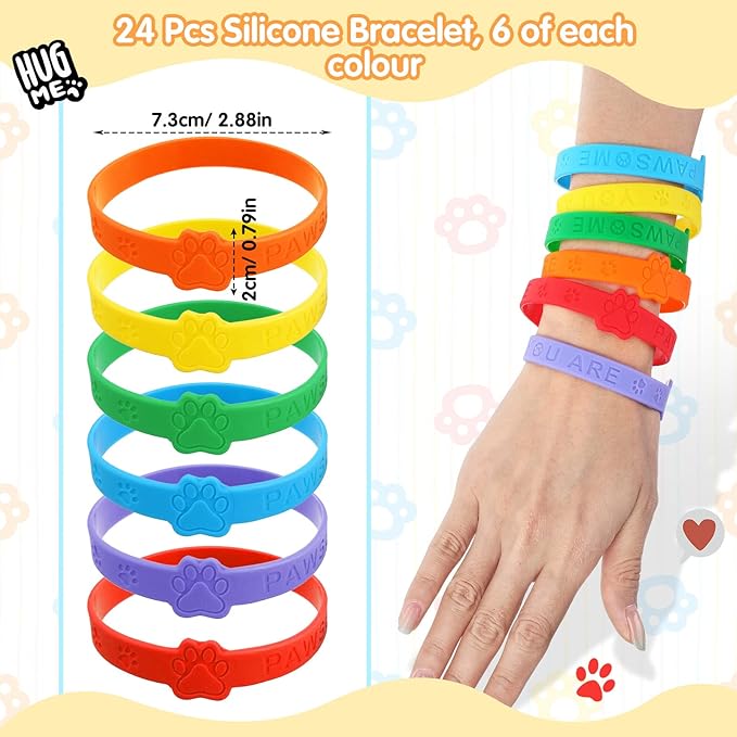 Skylety 72 Pcs Paw Print Party Favor Set, Rubber Bracelets Stamps Paw Print Acrylic Lobster Keychain Paw Dog Birthday Party Favors Supplies, Gift Bag Stuffer for Kids