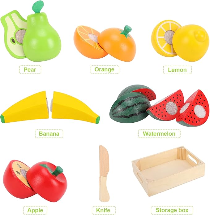 WHOHOLL Wooden Play Food with Wooden Tray & Knife, Pretend Play Cutting Food Toys, Fruits Toy Food Sets for Kids Kitchen, Mini Food Toy, Montessori Toys Learning Resources for 1-5 Year Old Toddlers