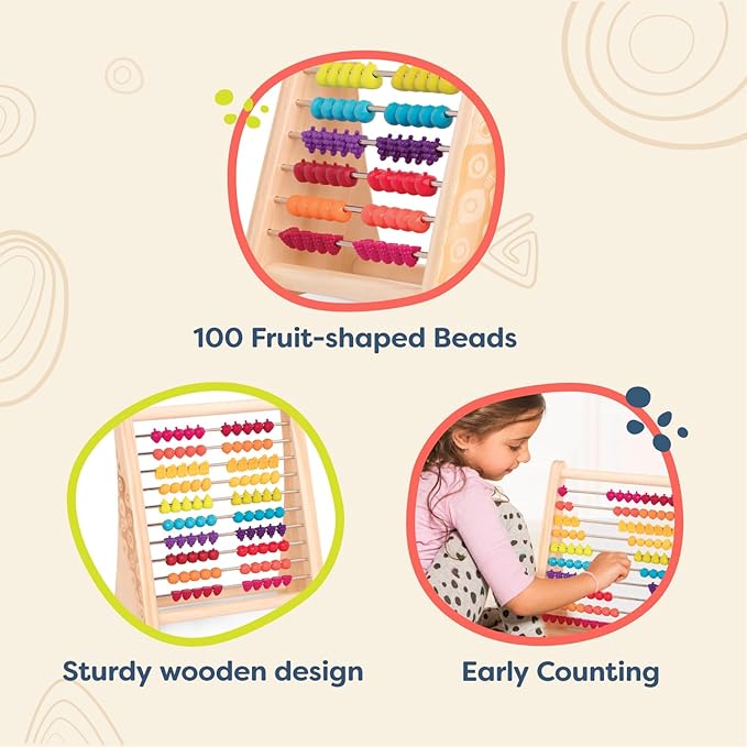 B. toys- Two-Ty Fruity!- Wooden Abacus for Kids- Developmental Learning Toy- Classic Math Toy with 100 Beads – Educational Toy for Addition and Subtraction – Numbers & Counting – 18 Months +
