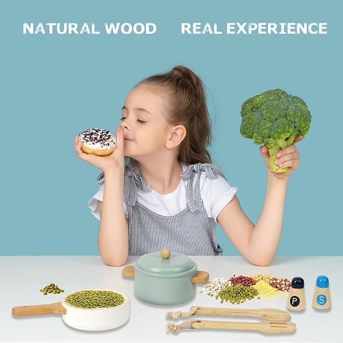 Premium Toddler Play Kitchen Toys, Wooden Kitchen Utensils, Accessories for Pretend Play Kitchen Set, Montessori Learning Toy, Pretend Cooking Playset, Gift for 3+