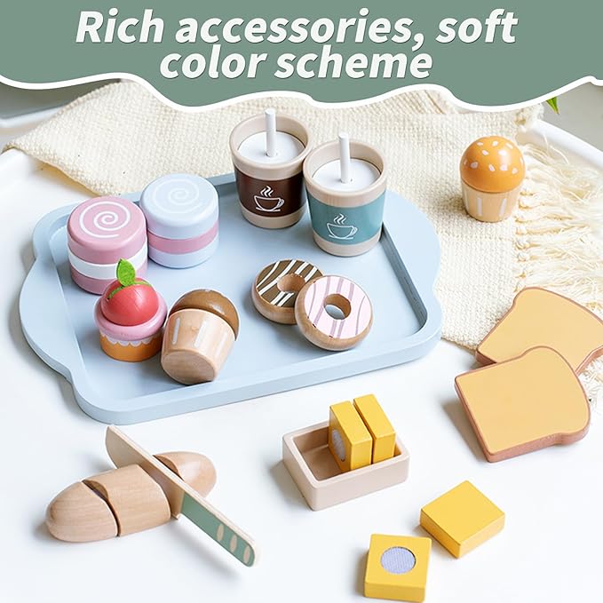 Breakfast Group Series Kitchen Toys, Wooden Pretend Kitchen for Kids to Play Food Games, Kitchen playset for Toddlers 3-5, Cooking Toy Sets for Boys and Girls