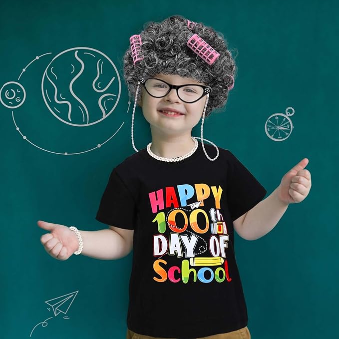 6 Pcs Kids 100 Days of School Costume for Girls Old Lady Granny Grandma Costume with Wig Happy 100 Days T-Shirt