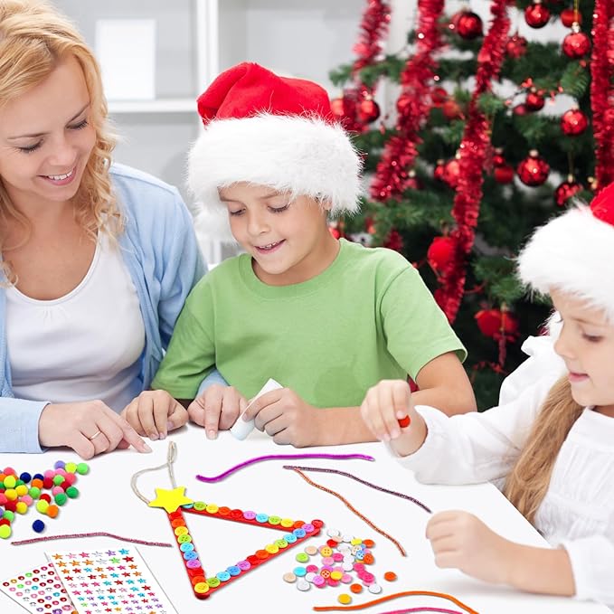 30 Sets Christmas Craft Kits for Kids DIY Stick Christmas Tree Ornaments Decoration Craft Stick Hairball Button Christmas Tree Sticker for Kids Holiday Classroom Activities Party Favors