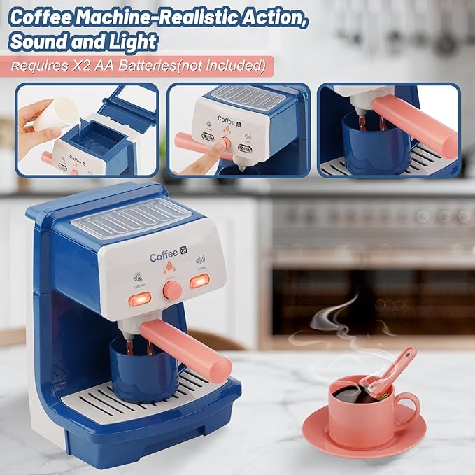 Kitchen Appliances for Kids Pretend Play Set Cooking Toys with Coffee Maker, Blender, Mixer, Toaster, Play Food, Utensils Kitchen Accessories Set for Girls Boys Gift