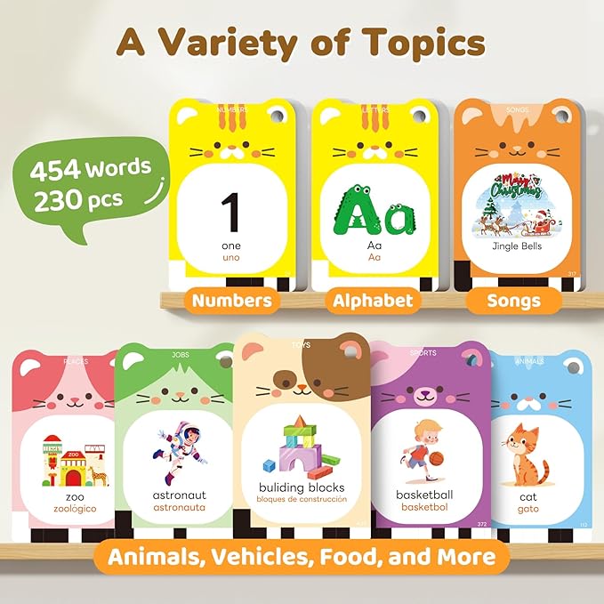 Bilingual Spanish & English Talking Flash Cards for Toddlers 1-5, 454 Words+6 Songs, Clear Voice & Thick Cards & Easy to Slide in and Out, Independent Play & Speech Development Toys