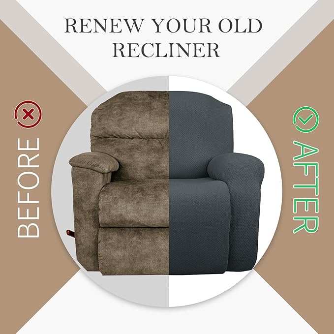 JIVINER Oversized Recliner Chair Covers 4 Piece Stretch Lazy Boy Recliner Sofa Slipcover Jacquard Large Recliner Covers with Elastic Bottom Soft Furniture Protector (XL Recliner,Dark Gray)