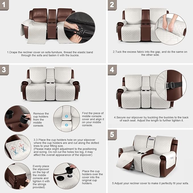 KinCam 100% Waterproof Recliner Loveseat Cover with Console, Non-Slip Reclining Couch Covers for 2 Seat, Recliner Sofa Cover Furniture Protector with Elastic Straps for Kids, Pets, Beige