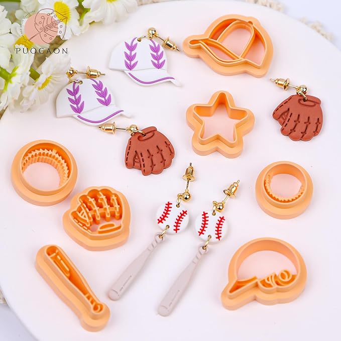 Puocaon Baseball Polymer Clay Cutters - 12 Pcs Sportswear Clay Cutters for Polymer Clay Jewelry, Star Baseball Cap Bat Clay Cutters for Earrings Making, Baseball Glove Polymer Clay Cutters for Earring