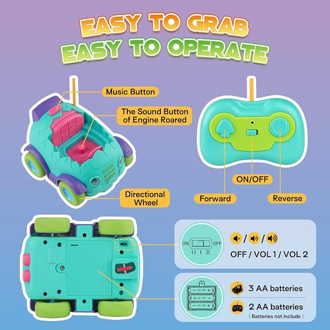 Nueplay Remote Control Car for Toddler Age 2 3 4 5, Electric RC Car Toys with Light & Music, Toddler Dinosaur Toys, Dino Race Car Vehicles, Dinosaur Figures Truck, Birthday Gift for Boys & Girls Green