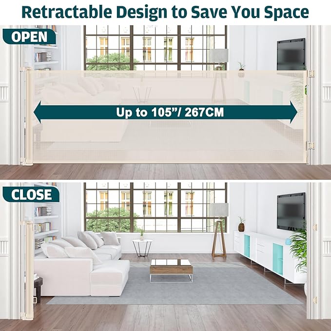 105 Inch Retractable Baby Gates Extra Wide Retractable Dog Gate Extra Wide Baby Gates for Large Openings Extra Long Dog Gates for Doorways Indoor Outdoor Extra Large Pet Gates for Dogs, Beige