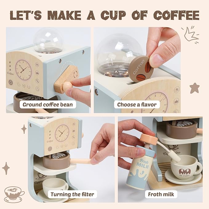 Kids Coffee Playset Kitchen Toys,Wooden Coffee Maker Toy Set with Play Kitchen Accessories, Pretend Play Coffee Set for Kids Girls Boys