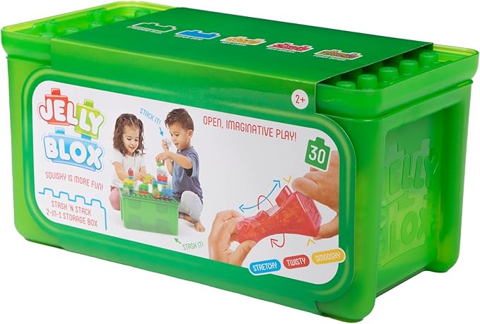 Jelly Blox Stash 'N Stack 2-in-1 Storage Case with 30 Blocks | Toddler & Preschool Building Blocks Kids Can Squeeze & Stretch | MESH ACCREDITED | Safety Tested & Ouch-Free | Sensory Play Toy Ages 2+