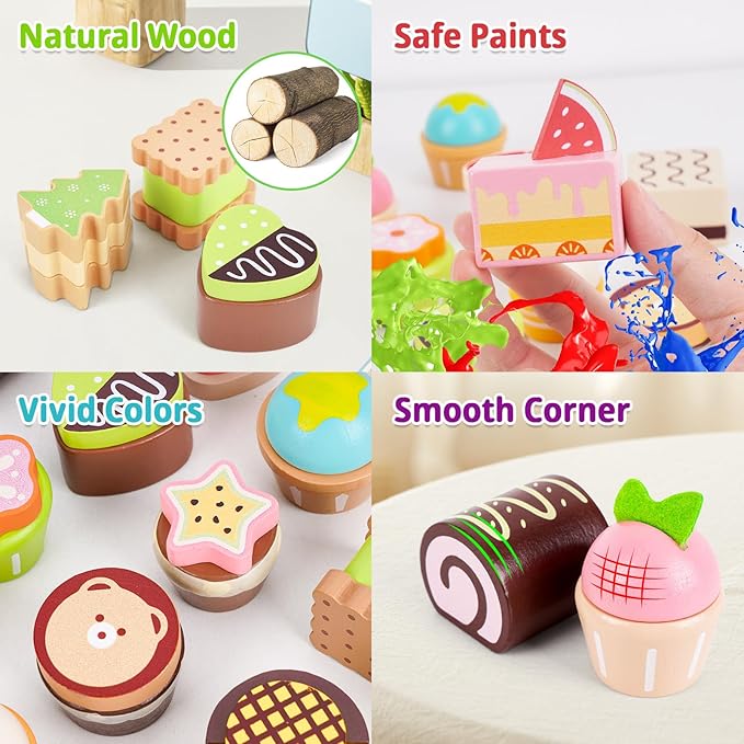 Wooden Cake Toys Tea Set Desserts Sets for Kids, Wooden Pretend Play Toys, Wooden Tea Party Set for Little Girls, Wooden Play Food Set Kitchen Accessories, Baking Gifts for 3 4 5 Years Old Girls Boys