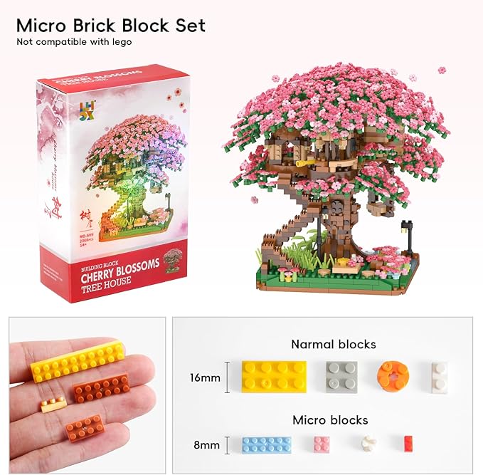 Cherry Blossom Tree Building Set,(2008pcs) Flowers Bonsai Tree Mini Blocks Kit for Adult,Japanese Sakura-Tree House Building Blocks Set,Gift Ideas for Girls 8 10 12 14+