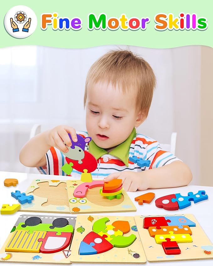 Yetonamr Wooden Toddler Puzzles Gifts Toys for 1 2 3 Years Old Boys Girls, 8 Vehicle Shape Montessori Toys Educational Blocks Kids Toys Gift Baby Learning Toy Age 1-3, 2-4