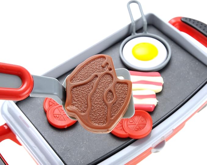 PowerTRC Breakfast Kids Toy Grill Playset for Ages 4-8, Cooking Toys Play Grill Set for Kids, Pretend BBQ Grill with Realistic Sounds Foods Utensils