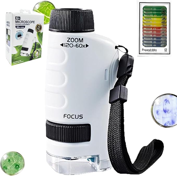 Mini Microscope for Kids,Mini Microscope 60x-120x,LED Pocket Microscope,Portable Handheld Education Science Experiment Set Toys(White)