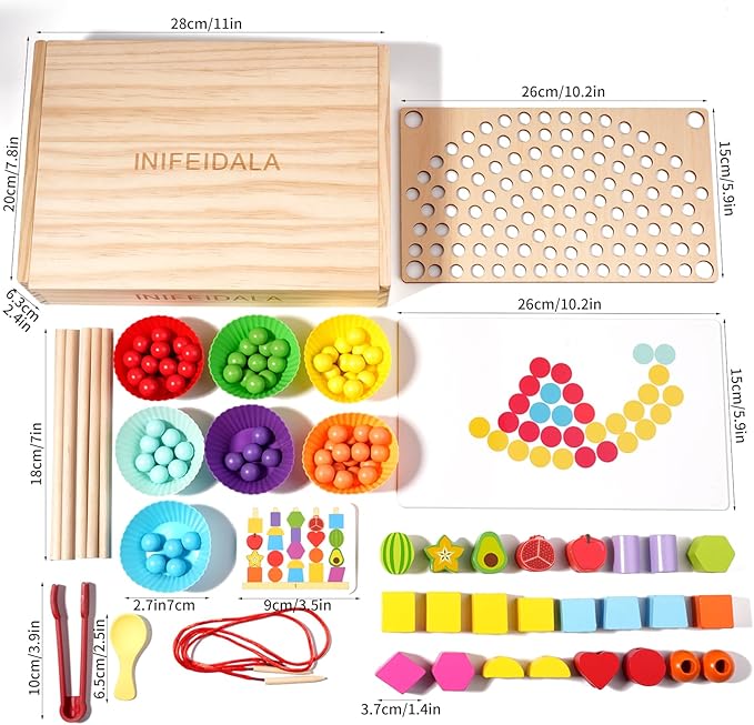INIFEIDALA Toddler Learning Montessori Toys for 3 4 5 6 Year Old,Rainbow Stacking & Lacing Beads & Matching Shape Stacker - Wooden Peg Board Beads Sequencing Toy Set - Fine Motor Skills Toys