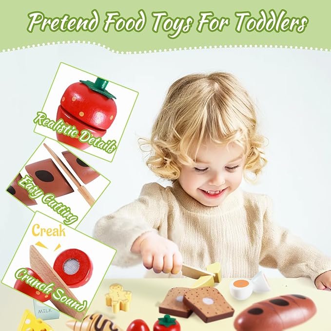Wooden Bakery Toy Food Breakfast Set for Kids,Pretend Play Food Kitchen Accessories with Crates,Fake PlaySets Montessori Toys,Toddlers Cutting Food Gift for Boys and Girls Ages 2+