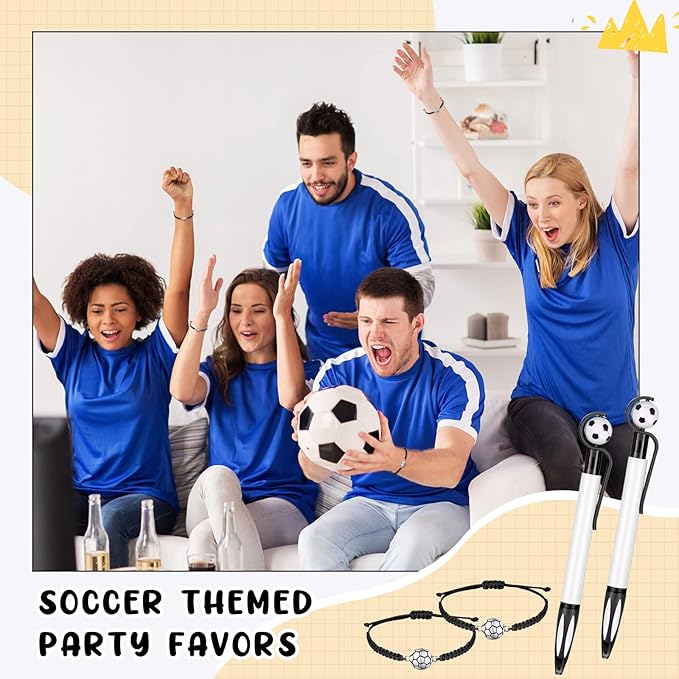 Sabary 30 Pcs Sport Theme Party Favors Set, 15 Pcs Soccer Pens 15 Pcs Soccer Theme Bracelets Ballpoint Pens Adjustable Bracelet Sport Party Gifts for Kids Teens Team Members (Black)