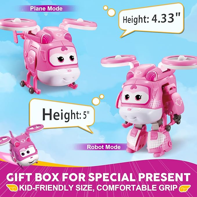 Super Wings 5" Transforming Supercharged Dizzy Airplane Toys, Action Figure Plane to Robot, Suitable for 3 4 5 Years Old Kids, Fun Flying Toy Plane for Preschool Boys and Grls, Birthday Gifts, Pink