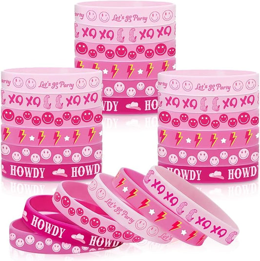 Whaline 36Pcs Preppy Silicone Bracelets Pink Gradient Smile Face Lightning Wristbands Let's Go Party Rubber Bracelets for Birthday Party Favor Supplies, 6 Designs