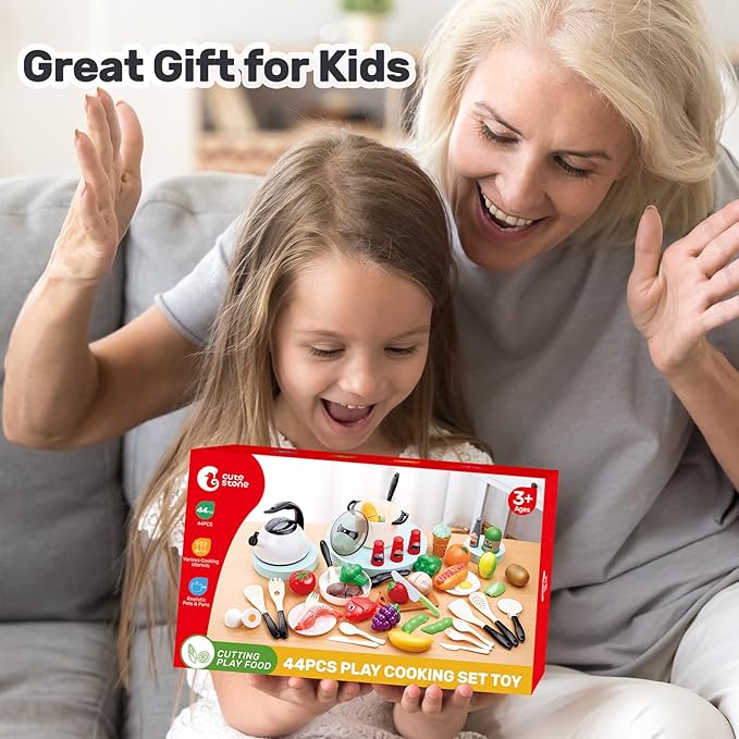 CUTE STONE Play Kitchen Accessories Toy, Play Food Sets for Kids Kitchen, Pretend Kitchen Set for Kids with Play Pots, Pans, Toddler Kitchen Playset Kitchen Toys for Girls Boys